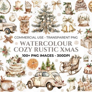 100+ aquarel rustieke kerst clipart, kerstboom clipart, Boho Christmas PNG bundel, gezellige kerst clipart, commerciële clipart