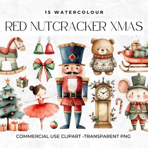 Quebra-nozes Natal Clipart, Vermelho Natal, Elementos para Artesanato de Natal, Rato, Cavalo de Balanço, Aquarela, Bailarina, Relógio de Pêndulo