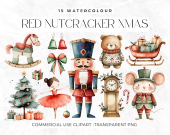 Nussknacker Weihnachten Clipart, Elemente für das Weihnachtshandwerk, Maus, Schaukelpferd, Aquarell, Balletttänzer, Standuhr