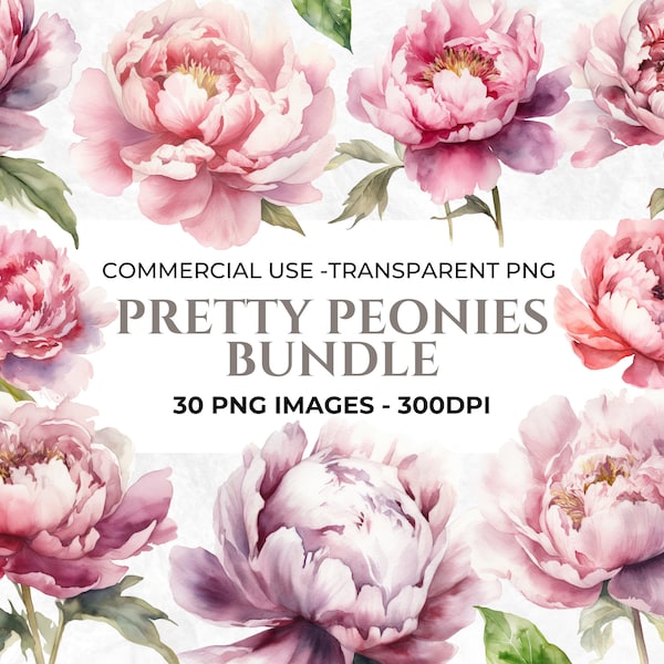 30 Watercolour Peony Clipart, Spring Floral Clipart, Wedding flowers PNG, Pink Peony, Digital Craft, Commercial Use. Instant Download