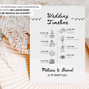 Puede incluir: Una tarjeta blanca de cronolog&iacute;a de boda con texto escrito a mano en negro e ilustraciones. La tarjeta enumera el horario del d&iacute;a de la boda, incluida la ceremonia, el almuerzo, la hora del c&oacute;ctel, el primer baile y los paseos en carruaje. La tarjeta est&aacute; firmada "Melissa & David" y la fecha "25 de agosto de 2025".