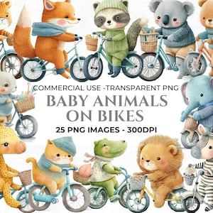 以下が含まれることがあります： 自転車に乗っている赤ちゃん動物のデジタルイラスト25点セット。動物には、トラ、キツネ、アライグマ、コアラ、クマ、ウサギ、キリン、猫、ワニ、ライオン、シマウマが含まれています。イラストは水彩画風で、絵本、グリーティングカード、その他のクリエイティブなプロジェクトに最適です。