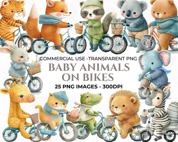 25 Baby Animals Clipart, Watercolour Nursery Clipart, Baby Animals on Bikes Clipart Bundle, Commercial Clipart, Cute Clipart for Nursery