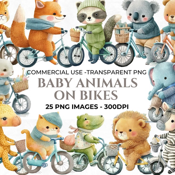 25 bébés animaux Clipart, clipart aquarelle chambre d'enfant, bébés animaux sur vélos Clipart Bundle, Clipart commercial, Clipart mignon pour chambre d'enfant