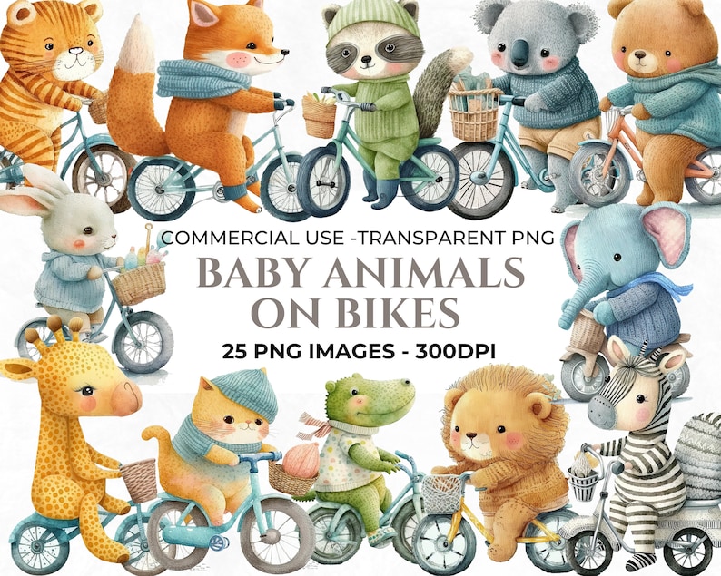 以下が含まれることがあります： 自転車に乗っている赤ちゃん動物のデジタルイラスト25点セット。動物には、トラ、キツネ、アライグマ、コアラ、クマ、ウサギ、キリン、猫、ワニ、ライオン、シマウマが含まれています。イラストは水彩画風で、絵本、グリーティングカード、その他のクリエイティブなプロジェクトに最適です。