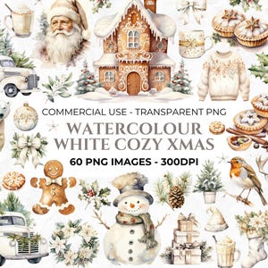 60 aquarel kerst clipart, kerstboom clipart, witte kerst png-bundel, hygge kerst clipart, commerciële clipart download