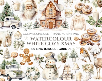 60 Watercolour Christmas Clipart, Christmas Tree Clipart, White Christmas PNG Bundle, Hygge Christmas Clipart, Commercial Clipart Download