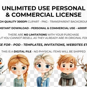 May include: Digital clipart set featuring five characters from the movie Frozen. The characters include Elsa, Anna, Olaf, Kristoff, and Sven the reindeer. The characters are illustrated in a watercolor style with a white background.