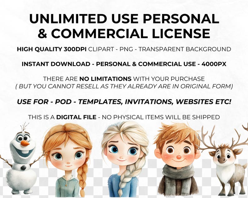 May include: Digital clipart set featuring five characters from the movie Frozen. The characters include Elsa, Anna, Olaf, Kristoff, and Sven the reindeer. The characters are illustrated in a watercolor style with a white background.