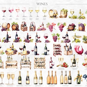 Puede incluir: Una ilustraci&oacute;n de acuarela de diferentes tipos de vino, incluyendo vino tinto, blanco y rosado, as&iacute; como champ&aacute;n. La ilustraci&oacute;n incluye uvas, botellas de vino, vasos y otras im&aacute;genes relacionadas con el vino.