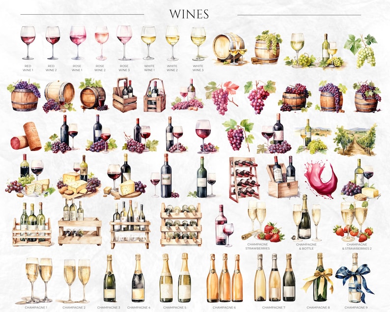 Puede incluir: Una ilustraci&oacute;n de acuarela de diferentes tipos de vino, incluyendo vino tinto, blanco y rosado, as&iacute; como champ&aacute;n. La ilustraci&oacute;n incluye uvas, botellas de vino, vasos y otras im&aacute;genes relacionadas con el vino.