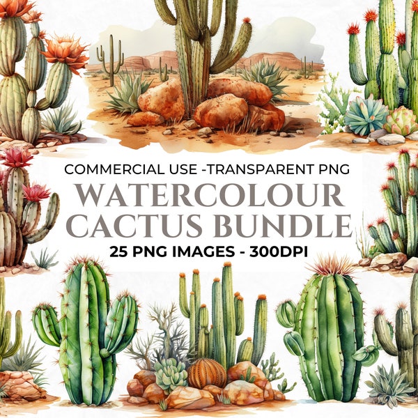 25 Cactus Clipart, Elements for Wedding Invitations, Destination Wedding Clipart, Watercolour Cactus, Desert PNG, Commercial Use