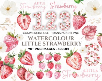 Más de 70 imágenes prediseñadas de fresas en acuarela, imágenes prediseñadas de frutas, cuadros vichy, fresas PNG, fresa pequeña, imágenes prediseñadas de baby shower, primer cumpleaños de bayas