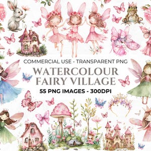 50 cliparts jardin féerique aquarelle, fée rose, fée princesse PNG, Magical Kingdom PNG, Clipart Girly, chambre d'enfant, clipart à usage Commercial