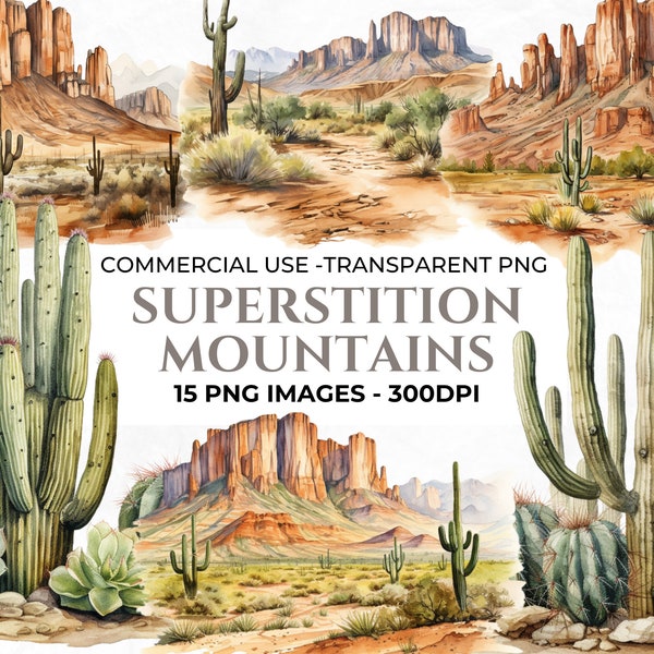 15 Superstition Mountains  Clipart, Wedding Invitations Clipart, Destination Clipart, Watercolour Mountains, Desert PNG, Commercial Use
