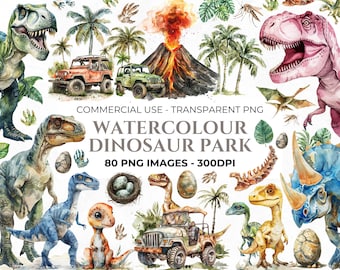 May include: Watercolor illustrations of dinosaurs, palm trees, and a volcano. The image includes various dinosaurs in shades of green, blue, and pink, along with off-road vehicles. Text reads "WATERCOLOUR DINOSAUR PARK" and "80 PNG IMAGES - 300DPI."