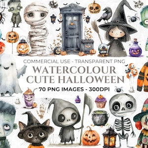 70 acuarela linda imágenes prediseñadas de Halloween, PNG aterrador, calabaza, Halloween para niños, fiesta de Halloween, fantasma, bruja, zombi, imágenes prediseñadas de uso comercial