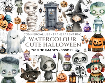 70 acquerello carino Halloween Clipart, PNG spaventoso, zucca, Halloween per bambini, festa di Halloween, fantasma, strega, zombie, clipart per uso commerciale