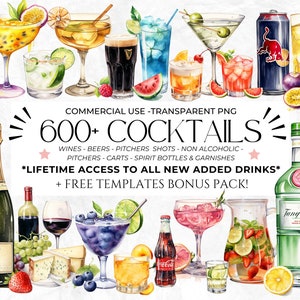 Über 600 Aquarell-Cocktail-Cliparts, Signature-Cocktails, Alkohol-Illustrationen, alkoholfreie Getränke, Bier-Cliparts, Getränke-Cliparts