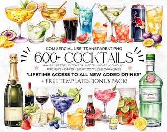 Über 600 Aquarell-Cocktail-Cliparts, Signature-Cocktails, Alkohol-Illustrationen, alkoholfreie Getränke, Bier-Cliparts, Getränke-Cliparts