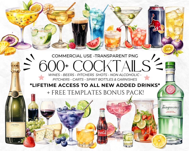 600 Watercolour Cocktail Clipart, Signature Cocktail, Alcohol Illustrations, Non Alcoholic Drinks, Beers Clipart, Beverage Clipart image 1