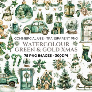 75 Aquarell Weihnachtscliparts, Weihnachtsbaum Clipart, Grün und Gold Weihnachten PNG Bundle, kommerzielle Clipart Download