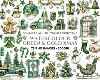 75 Aquarell Weihnachtscliparts, Weihnachtsbaum Clipart, Grün und Gold Weihnachten PNG Bundle, kommerzielle Clipart Download