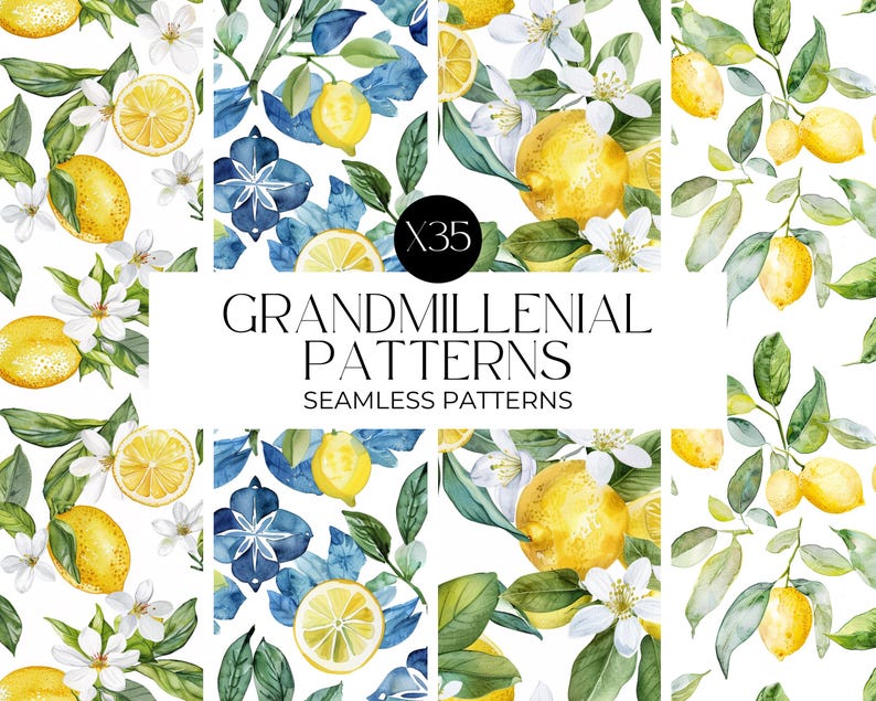Watercolour Mediterranean Lemons Seamless Pattern, Lemon Clipart, Digital Papers, Repeating Pattern, Fruit Seamless Paper PNG, Commercial image 7