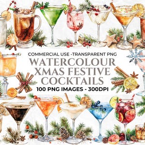 100 Clipart natalizie ad acquerello, Clipart invernali, allegre e luminose, ghirlande ad acquerello, agrifoglio, palline, pupazzo di neve, albero di Natale, commerciale