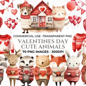 70 Valentines Day Clipart, Watercolour Valentines Day Animals, Romantic Clipart, Love PNG, Animals in Love, Woodland Animals, Commercial Use