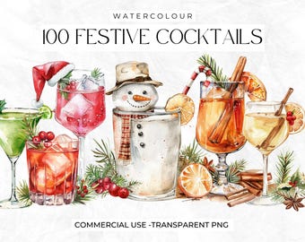 Watercolour Christmas Cocktails Clipart, Winter Clipart, Merry and Bright, Alcohol, Party Drinks, Snowman, Signature Drinks, Commercial