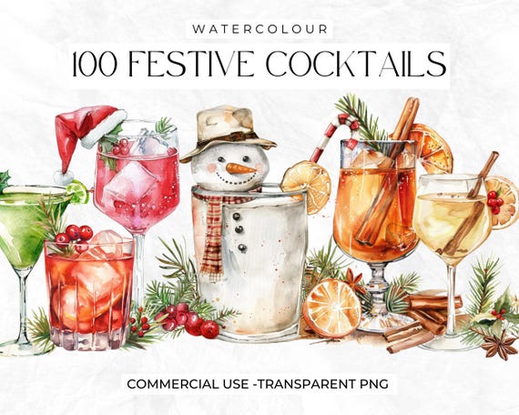 Watercolour Christmas Cocktails Clipart, Winter Clipart, Merry and Bright, Alcohol, Party Drinks, Snowman, Signature Drinks, Commercial