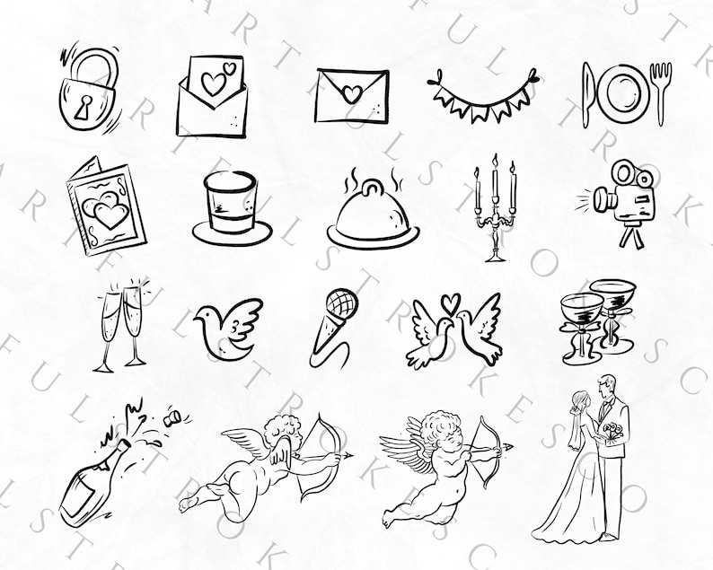 70 iconos de línea de tiempo de boda dibujados a mano, imágenes prediseñadas de boda, PNG de línea de tiempo, garabatos de boda caprichosos, PNG transparente, imágenes prediseñadas de uso comercial imagen 6