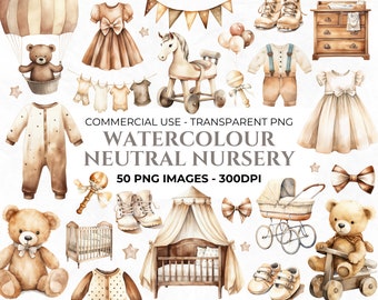 50 Watercolour Neutral Baby Shower Clipart, Newborn Bundle, Baby, Boy, Girl, Boho Nursery Clipart, Gender Neutral, Commercial Use Images