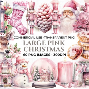 60 Pink Christmas PNG Clipart, Watercolour Pink Christmas, Elements for Christmas Crafts, Junk Journal, Neutral Christmas, Commercial Use
