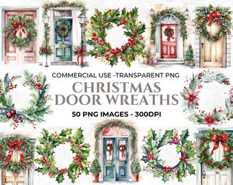 50 Watercolour Christmas door Clipart, Front porch Clipart, Christmas Wreath PNG, Digital Craft, Winter Watercolour, Commercial Use Clipart