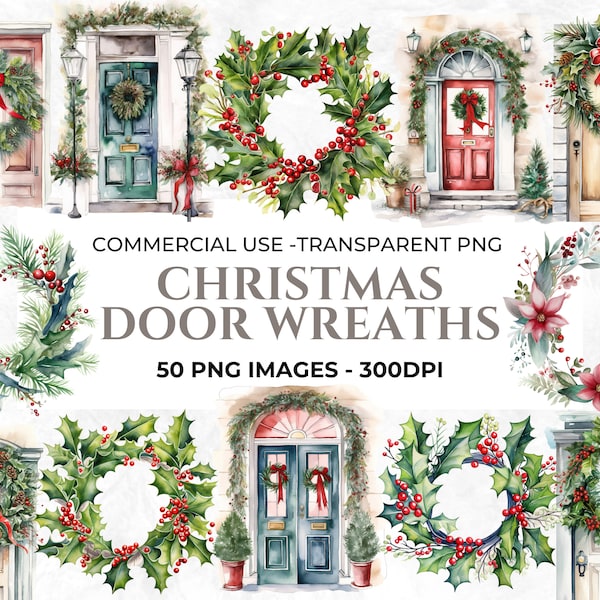 50 Watercolour Christmas door Clipart, Front porch Clipart, Christmas Wreath PNG, Digital Craft, Winter Watercolour, Commercial Use Clipart