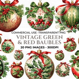 20 Vintage Christmas Bauble Clipart, Navidad roja y verde, Elementos para manualidades navideñas, Bauble Clipart, Navidad PNG, Uso comercial