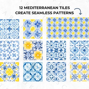 Puede incluir: Doce ilustraciones de acuarela de azulejos mediterr&aacute;neos azules y amarillos. Los azulejos presentan patrones geom&eacute;tricos y limones. El texto "12 MEDITERRANEAN TILES CREATE SEAMLESS PATTERNS" est&aacute; en la parte superior de la imagen.
