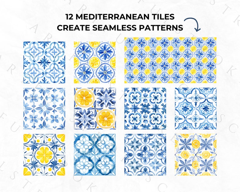 Puede incluir: Doce ilustraciones de acuarela de azulejos mediterr&aacute;neos azules y amarillos. Los azulejos presentan patrones geom&eacute;tricos y limones. El texto "12 MEDITERRANEAN TILES CREATE SEAMLESS PATTERNS" est&aacute; en la parte superior de la imagen.