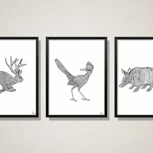 DIGITAL DOWNLOAD (Set of 3) Southwestern art animal series black and white - jackelope, roadrunner, and armadillo