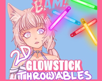 May include: A cartoon illustration of a pink-haired character with cat ears, wearing a purple and white dress, with the text "2D GLOWSTICK THROWABLES" and a pink speech bubble with the word "BAM!" in it. There are five glow sticks in various colors, including green, pink, yellow, and orange, scattered around the character.