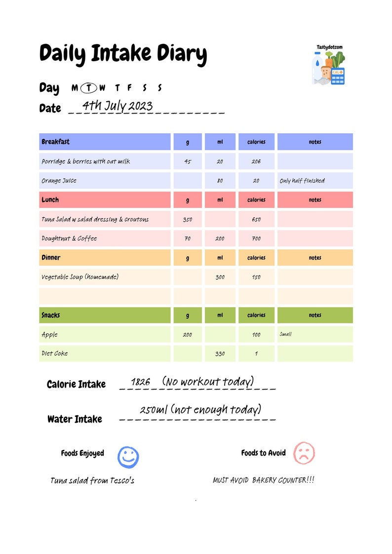 DIGITAL Daily Food Diary, Printable in A4, A5 &amp; Letter Size, Meal ...