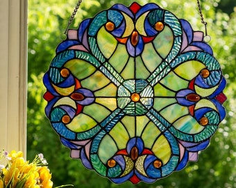 Stained Glass Window Hanging, Stained Glass Window Panel, Stained Glass Panel Hanging, Suncatcher Window Decor, Round Window Panel Hanging