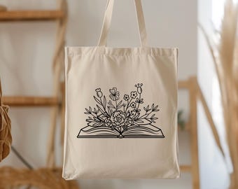 Floral Tote Bag, Floral Bookish Tote Bag, Book Lover Tote Bag, Teachers Tote Bag, Canvas Bag, Bookworm Gift, Gift For Teacher