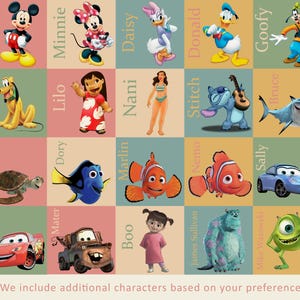 Puede incluir: Una cuadr&iacute;cula colorida de personajes de Disney, incluyendo Mickey Mouse, Minnie Mouse, Donald Duck, Goofy, Stitch, Nemo, y m&aacute;s. Los personajes est&aacute;n dispuestos en una cuadr&iacute;cula con sus nombres escritos debajo.