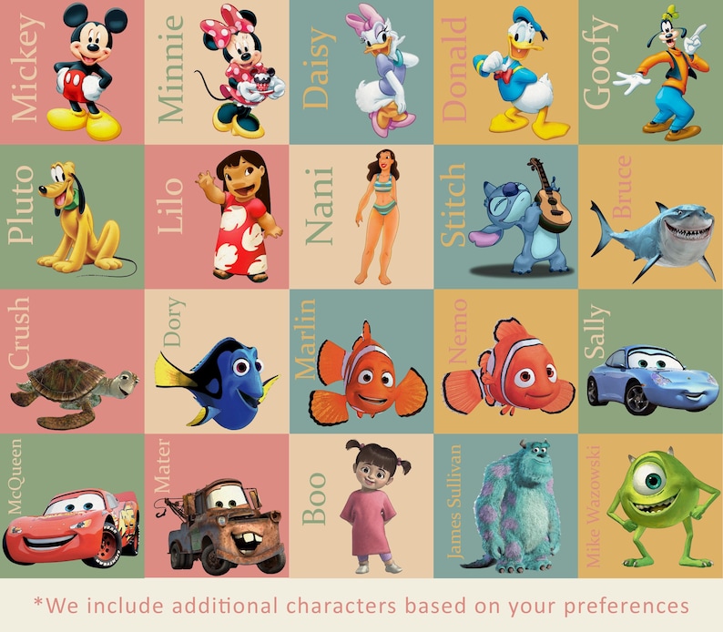 Puede incluir: Una cuadr&iacute;cula colorida de personajes de Disney, incluyendo Mickey Mouse, Minnie Mouse, Donald Duck, Goofy, Stitch, Nemo, y m&aacute;s. Los personajes est&aacute;n dispuestos en una cuadr&iacute;cula con sus nombres escritos debajo.