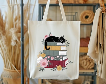 Sac fourre-tout floral chat et livres, sac fourre-tout chat mignon, sac fourre-tout livresques pour femme, sac fourre-tout floral, cadeau sac fourre-tout vintage