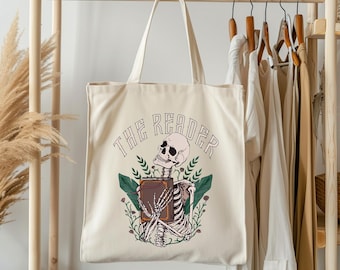 The Reader Book Lover Tote Bag, Skeleton Tote Bag, Gift for Her, Teacher Gift, Book Lover Gift, Library Tote Bag, Women Tote Bag