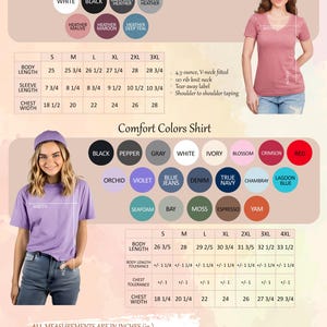 May include: A size chart for a V-neck shirt with measurements in inches. The chart shows the body length, sleeve length, chest width, and body length tolerance for sizes S through 4XL. The chart also includes a color chart with various colors for the shirt.